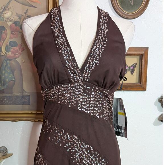 Y2K Rampage Brown Sequin Halter Maxi Dress Formal Prom Gown NWT Medium Deadstock - Picture 5 of 6